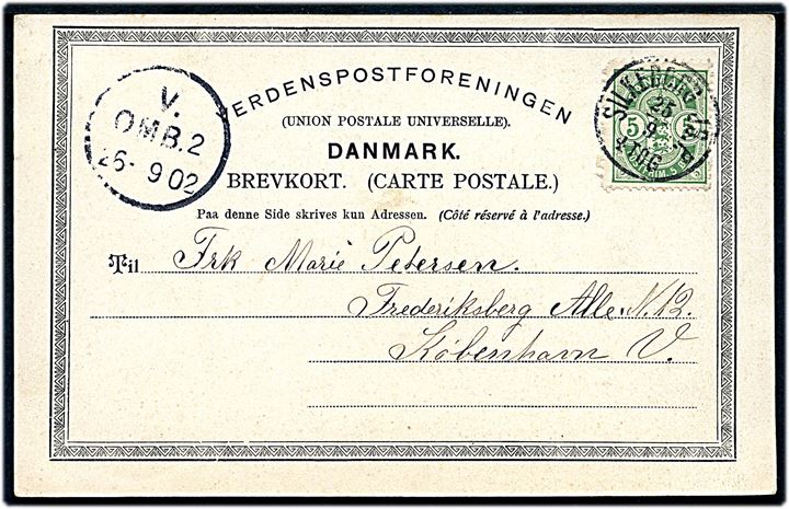 5 øre Våben på brevkort annulleret med lapidar Silkeborg JB.P. d. 25.9.1902 til København.