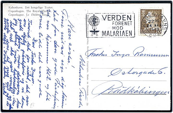20 øre Fr. IX på brevkort annulleret med TMS Verden forenet mod Malariaen/København OMK 17 d. 24.4.1962 til Rudkøbing.