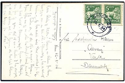 5 öre Løve i parstykke på brevkort (Hven gamla kyrkan) stemplet Sankt Ibb d. 16.8.1934 til Varde, Danmark.