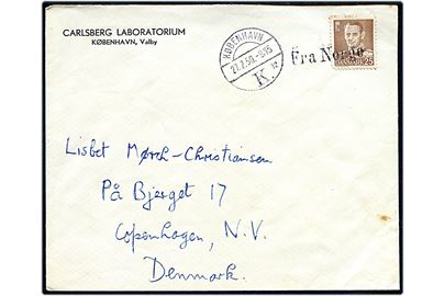 25 øre Fr. IX (kort hj.tak) på skibsbrev annulleret Fra Norge og sidestemplet København d. 27.2.1950 til København.