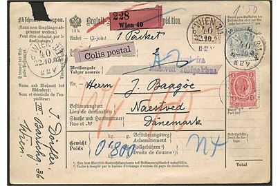 50 h. og 1 kr. Franz Joseph på internationalt adressekort fra Wien d. 22.10.1903 via Berlin og Nykjøbing Falster til Næstved, Danmark.