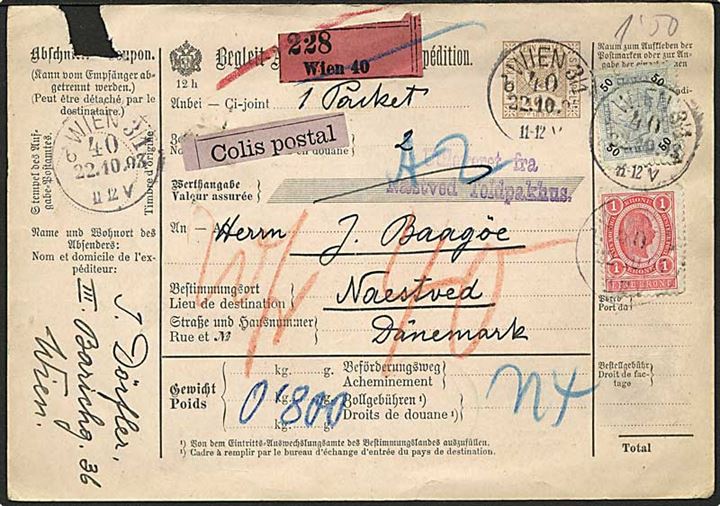 50 h. og 1 kr. Franz Joseph på internationalt adressekort fra Wien d. 22.10.1903 via Berlin og Nykjøbing Falster til Næstved, Danmark.