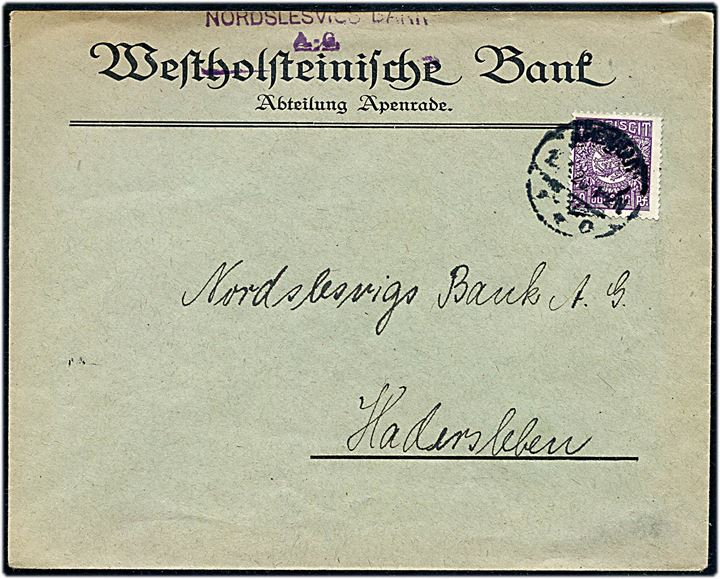 40 pfg. Fælles udg. på fortrykt kuvert fra Westholsteinische Bank - ændret til Nordslesvig Bank i Apenrade 1920 til Haderslev. Dato utydelig.