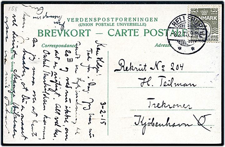 3 øre Bølgelinie på lokalt brevkort fra Hellerup d. 3.2.1915 til rekrut på søfortet Trekroner pr. København Ø.