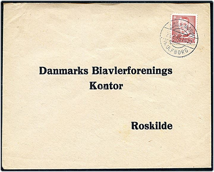 20 øre Fr. IX på brev annulleret med pr.-stempel Sønder Nissum pr. Ulfborg d. 25.8.1949 til Roskilde.