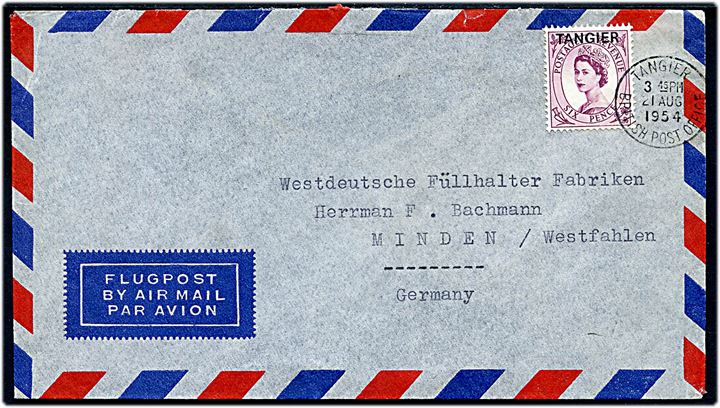 6d Elizabeth Tangier provisorium på luftpostbrev fra Tangier British Post Office d. 21.8.1954 til Minden, Tyskland.