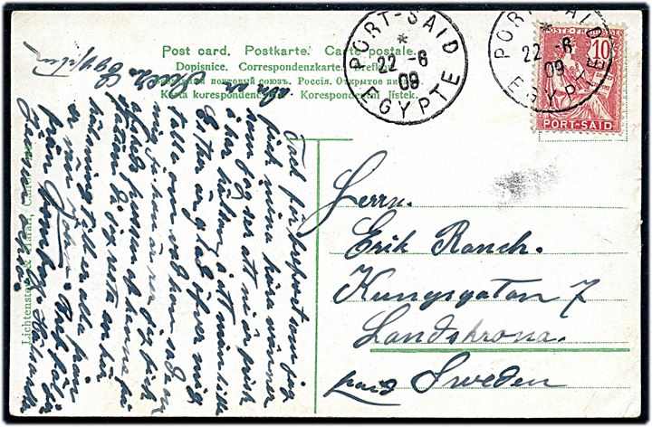 10 c. Port Said udg. på brevkort (S/S Fresco passant le canal) annulleret Port Said Egypte d. 22.6.1909 til Landskrona, Sverige.