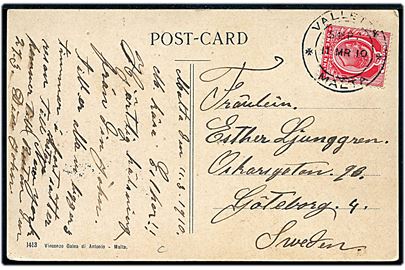 1d Edward VII på brevkort stemplet Valletta Malta d. 11.3.1910 til Göteborg, Sverige.