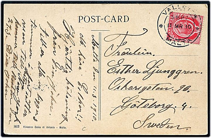 1d Edward VII på brevkort stemplet Valletta Malta d. 11.3.1910 til Göteborg, Sverige.