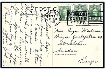 1 c. George VI (3) på brevkort (S/S Aurania, Cunard White Line) annulleret med skibsstempel Quebec / Paquebot Posted at Sea d. 11.10.1938 til Stockholm, Sverige. 