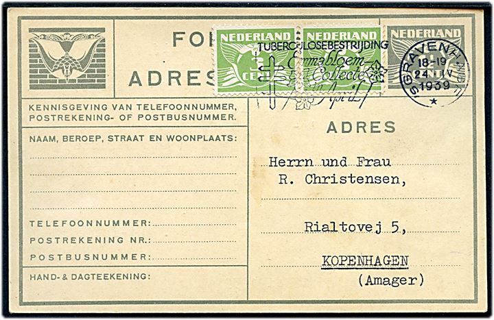 1½ c. helsags - flyttepostkort opfrankeret med 3 c. (par) Ciffer fra 's Gravenhage d. 24.4.1939 til København, Danmark. 