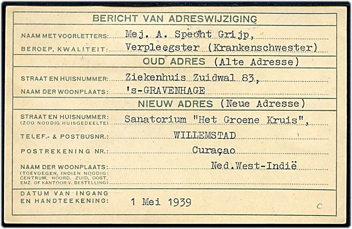1½ c. helsags - flyttepostkort opfrankeret med 3 c. (par) Ciffer fra 's Gravenhage d. 24.4.1939 til København, Danmark. 