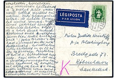 1 f. single på luftpost-brevkort fra Budapest 1947 til København, Danmark.