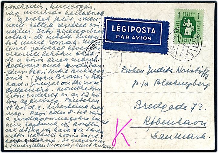 1 f. single på luftpost-brevkort fra Budapest 1947 til København, Danmark.