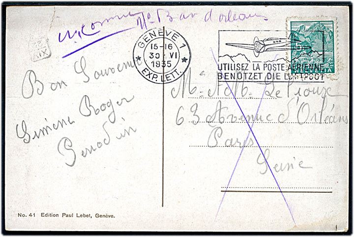 5 c. på brevkort annulleret med 2-sproget TMS Benützet die Luftpost fra Geneve d. 30.6.1935 til Paris, Frankrig. Retur som ubekendt.