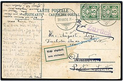 5 c. Ciffer i parstykke på brevkort fra Wolhusen d. 20.8.1906 til poste restante i Dresden, Tyskland. Retur med 2-sproget returetiket Nicht abgeholt.