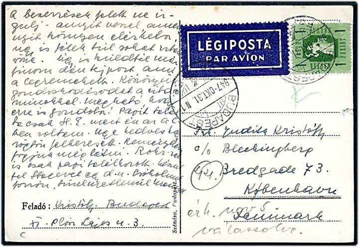 1 f. single på luftpostkort fra Budapest d. 31.10.1947 til København, Danmark.