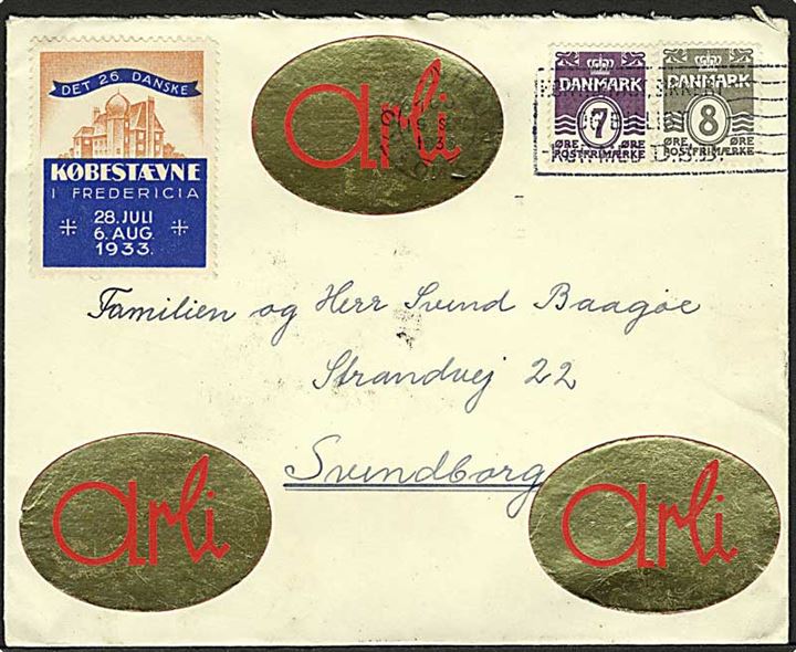 7 øre og 8 øre Bølgelinie tysk papir, samt mærkat fra Købestævnet i Fredericia på brev fra København d. 19.9.1933 til Svendborg.