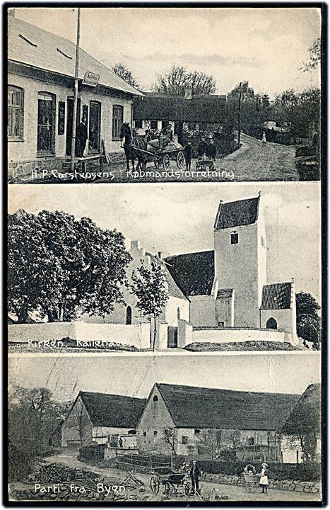 Kalvehave, partier med H. P. Carstensens købmandshandel, kirke og gårde. H. Schmidt no. 25159.