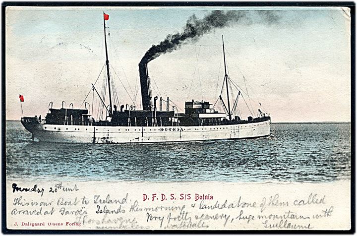Botnia, S/S, DFDS. J. Dalsgaard Olsen u/no. Skrevet ombord på Botnia under rejse til Island d. 20.8.1906 med 10 øre Chr. IX annulleret Thorshavn d. 23.8.1906 til Chingford, England. 