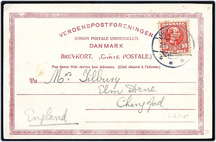 Botnia, S/S, DFDS. J. Dalsgaard Olsen u/no. Skrevet ombord på Botnia under rejse til Island d. 20.8.1906 med 10 øre Chr. IX annulleret Thorshavn d. 23.8.1906 til Chingford, England. 
