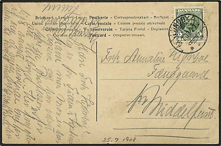 5 øre Fr. VIII på brevkort fra Lundby d. 25.7.1908 til Fæmøsund pr. Middelfart.
