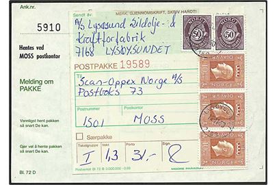50 øre Posthorn (2) og 10 kr. Olav (3) på indenrigs adressekort for pakke fra Lysøysund d. 12.11.1990 til Moss.