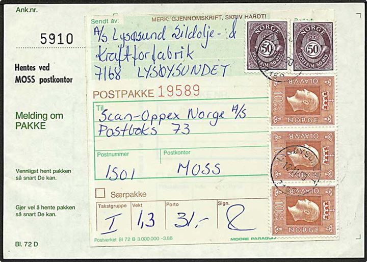 50 øre Posthorn (2) og 10 kr. Olav (3) på indenrigs adressekort for pakke fra Lysøysund d. 12.11.1990 til Moss.