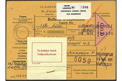 Fortrykt Continental Express Ltd. adressekort for pakke fra London d. 10.3.1971 via Harwich-Esbjerg til København, Danmark. Sendt under den britiske poststrejke 1971.