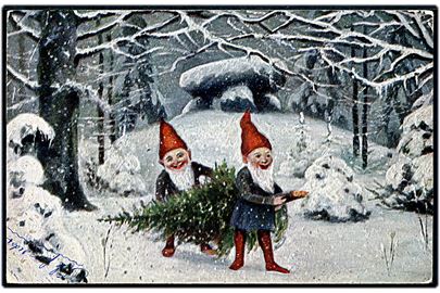Ludvig Møgelgaard: Nisser i skoven og hente juletræ. A. Vincent serie 57/V.