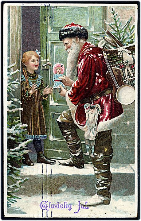 Julemand i rød kåbe giver dukke til lille pige. U/no.