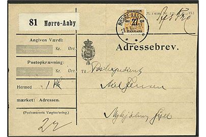 27/29 øre Provisorium single på adressebrev fra Nørre-Aaby d. 29.8.1918 til Nykøbing Jyll.