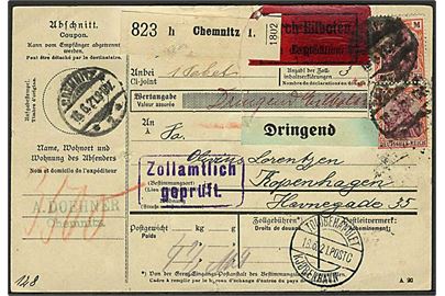 10 mk. Bayern Deutsches Reich Provisorium (3) og 1 1/4 mk. Germania (4) på for- og bagside af internationalt adressekort for eksprespakke fra Chemnitz d. 16.6.1921 til København, Danmark.