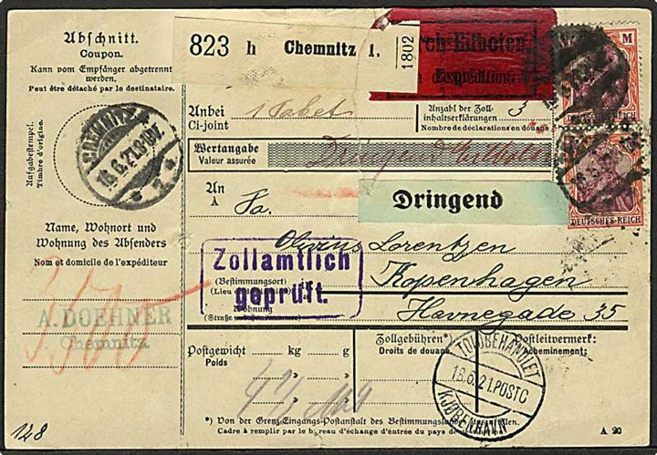 10 mk. Bayern Deutsches Reich Provisorium (3) og 1 1/4 mk. Germania (4) på for- og bagside af internationalt adressekort for eksprespakke fra Chemnitz d. 16.6.1921 til København, Danmark.