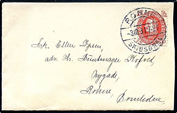 15 øre Chr. X 60 år på lille brev annulleret med brotype IIb Rønne Skibsbrev d. 3.10.1931 til Rønne.