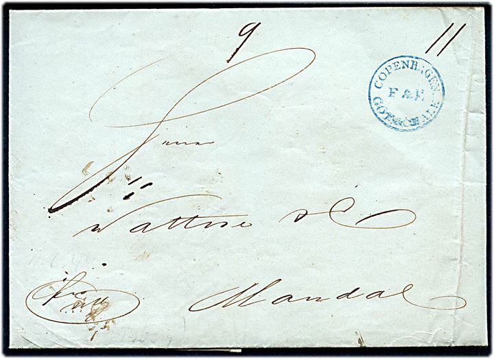 1844. Francobrev med påskrevet  9 skilling for indlevering 2 timer indleveringstid med antiqua Kjøbenhavn d. 11.6.1844 til Mandal, Norge. 