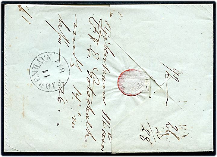 1844. Francobrev med påskrevet  9 skilling for indlevering 2 timer indleveringstid med antiqua Kjøbenhavn d. 11.6.1844 til Mandal, Norge. 
