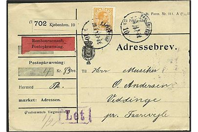 35 øre Chr. X single på adressebrev for pakke med opkrævning fra Kjøbenhavn d. 28.9.1916 til Veddinge pr. Faarevejle. Stemplet Let.