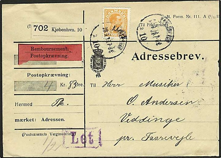 35 øre Chr. X single på adressebrev for pakke med opkrævning fra Kjøbenhavn d. 28.9.1916 til Veddinge pr. Faarevejle. Stemplet Let.