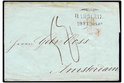 1848. Portobrev fra Hamburg d. 28.2.1848 til Amsterdam, Holland. Ank.stemplet i Amsterdam d. 2.3.1848 og på bagsiden del af grænsestempel Hanover A benyttet i Arnheim.