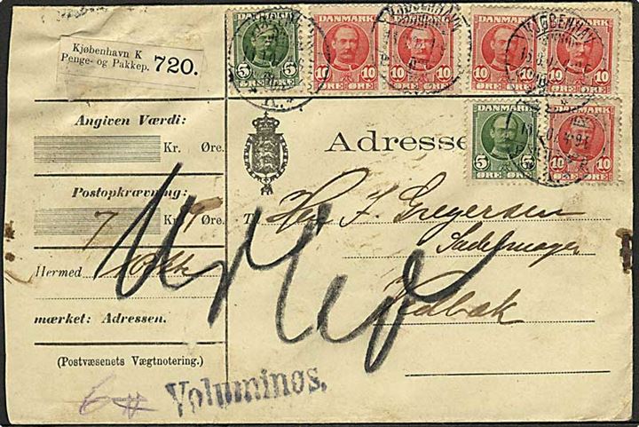 5 øre (2) og 10 øre (5) Fr. VIII på adressebrev for pakke med opkrævning fra Kjøbenhavn d. 16.8.1907 til Vedbæk. Stemplet: Voluminøs. 
