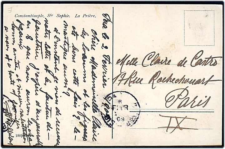 10 c. Levant udg. på billedside af brevkort stemplet Constantinople d. 2.2.1909 til Paris, Frankrig.