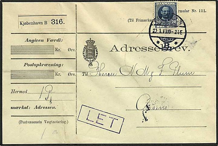 20 øre Fr. VIII single på adressebrev for pakke fra Kjøbenhavn d. 22.1.1910 til Assens. Stemplet Let.