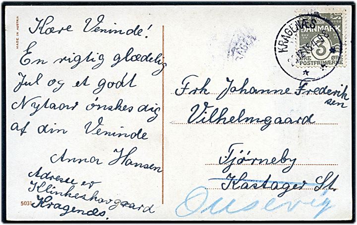 3 øre Bølgelinie på lokalt julekort annulleret med brotype IIIb Kragenæs d. 23.12.1915 til Tjørneby pr. Kastager St. - omadresseret til pr. Onsevig.