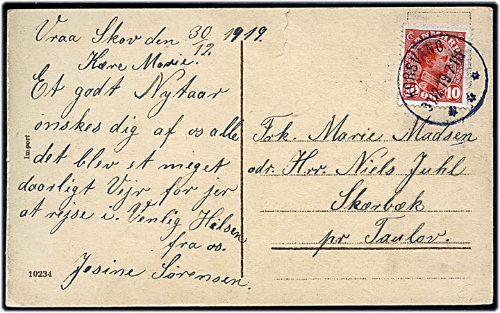 10 øre Chr. X på brevkort annulleret med brotype IIIb Korsvang d. 31.12.1919 til Skærbæk pr. Taulov. Rift i overkant.