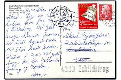 120 øre Margrethe og Gigtens Bekæmpelse mærket 1978 på brevkort fra Silkeborg d. 16.1.1978 til Torkildstrup pr. Nr. Alslev - omadresseret med stempel 4863 Eskildstrup.