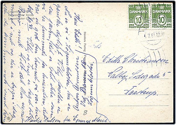 10 øre Bølgelinie i parstykke på brevkort annulleret med håndrullestempel Tønder d. 4.7.1961 til Taastrup.