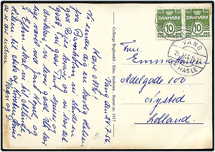 10 øre Bølgelinie i parstykke på brevkort (Landkort over Bornholm) annulleret med pr.-stempel Vang pr. Hasle d. 25.7.1956 til Nysted.