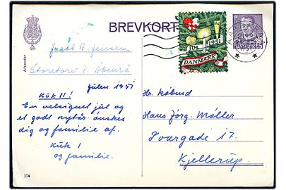 15 øre Fr. IX helsagsbrevkort (fabr. 174) med Julemærke 1951 fra Aabenraa d. 21.12.1951 til Kjellerup.