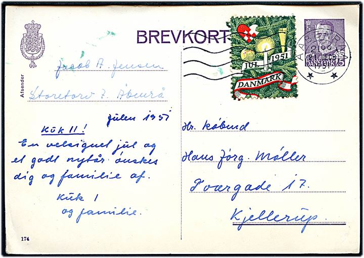 15 øre Fr. IX helsagsbrevkort (fabr. 174) med Julemærke 1951 fra Aabenraa d. 21.12.1951 til Kjellerup.